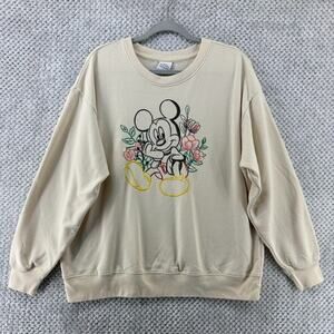 Disney Sweater Womens XXL Cream Mickey Embroidered Crew Neck Plush Lining